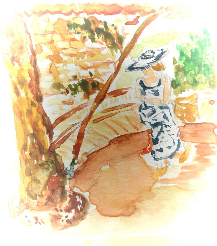 Watercolor painting of a woman sitting under a tree, wearing a hat and a dress, in a warm, sunlit environment.