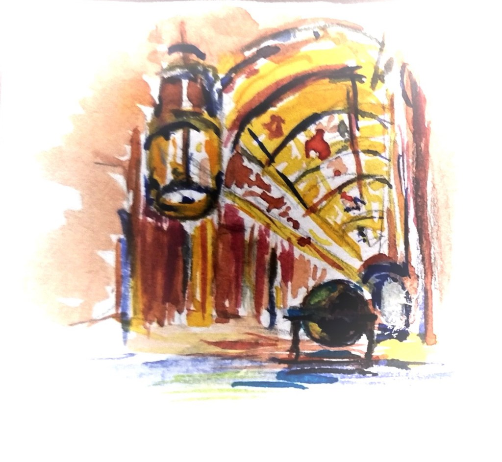 A watercolor painting depicting a brightly lit interior with a patterned ceiling and lanterns. A globe on a stand is visible in the foreground.