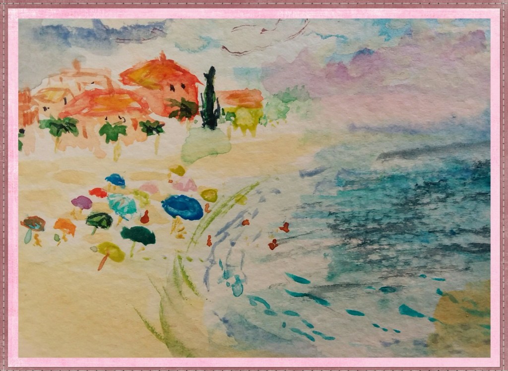 A colorful watercolor painting depicting a Mediterranean beach scene in Antibes, France, with colorful umbrellas, gentle waves, and charming coastal buildings.