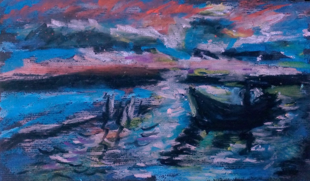 A vibrant seascape painting depicting a small boat on the water with colorful waves and a dramatic sky.