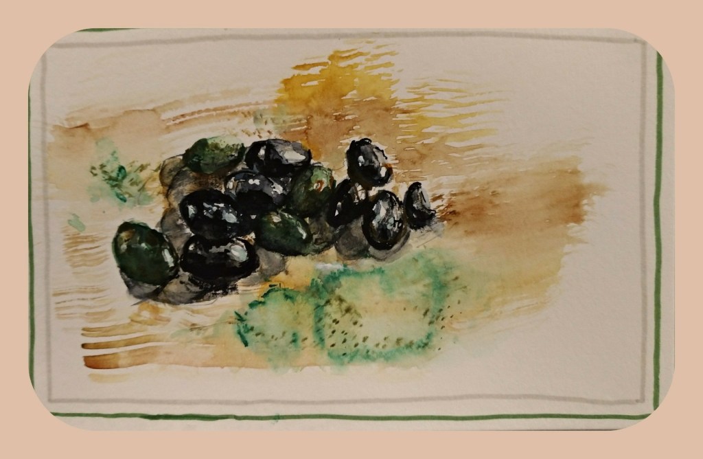 A watercolor painting of chocolate-covered olives, depicting realistic chocolate textures and colors.