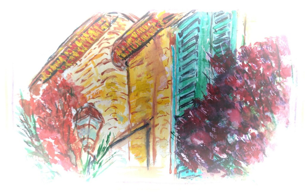 A vibrant watercolor painting depicting a scene in Provence, featuring a house with a textured yellow wall, green shutters, and colorful foliage in shades of red and pink.