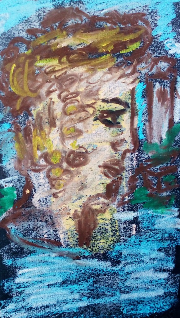 A colorful abstract artwork featuring a profile of a male figure with curly hair, surrounded by blue and green hues.