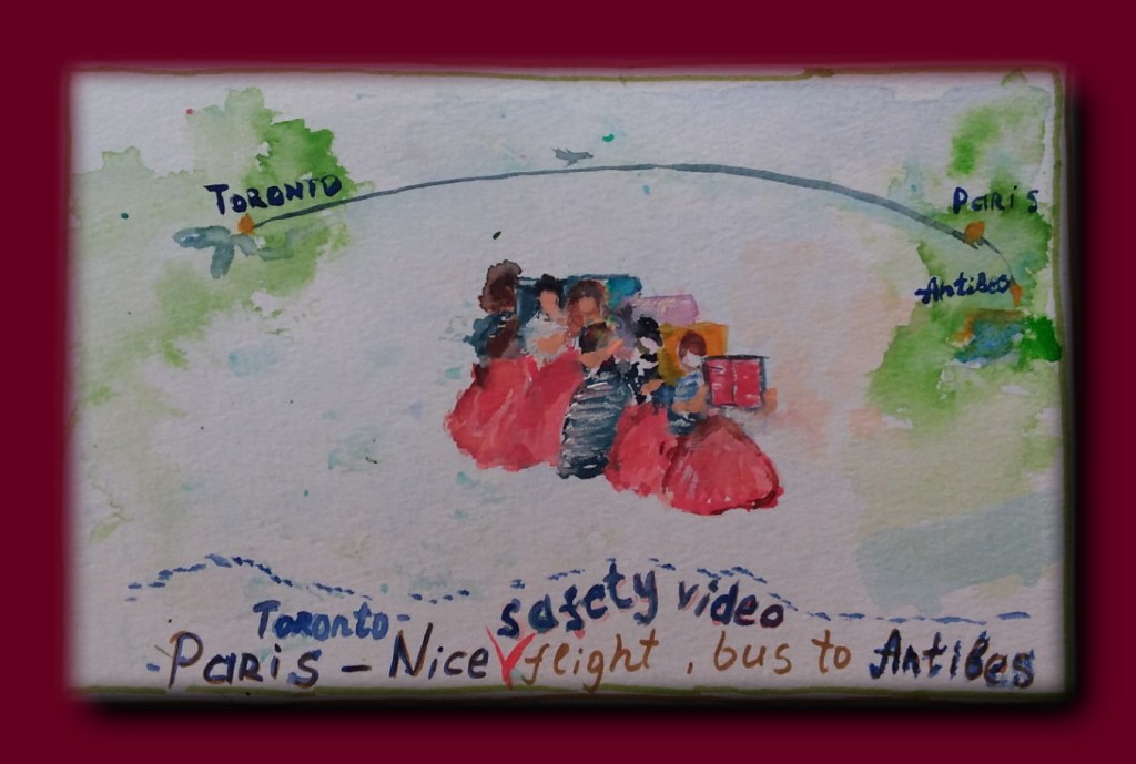 Watercolor painting illustrating a travel route from Toronto to Antibes via Paris and Nice, depicting people and luggage in vibrant colors.