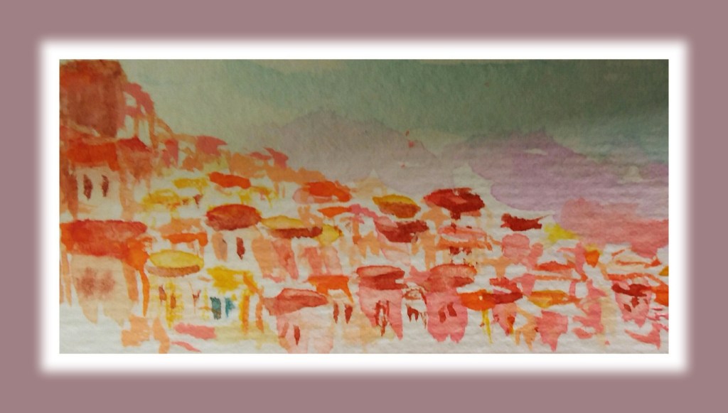 A watercolor painting depicting a vibrant street scene with colorful umbrellas and buildings, capturing the warm hues of a sunny atmosphere.