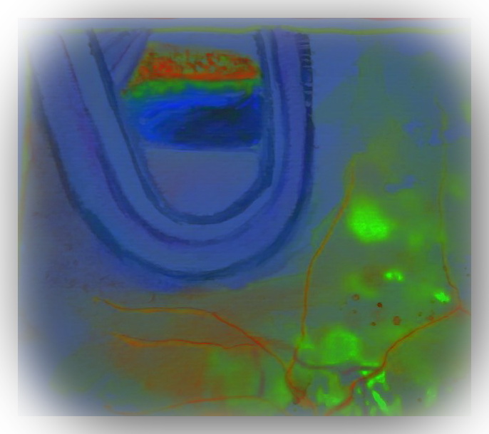 An abstract painting with vibrant colors, featuring a physical form that resembles curves and outlines set against a textured background.