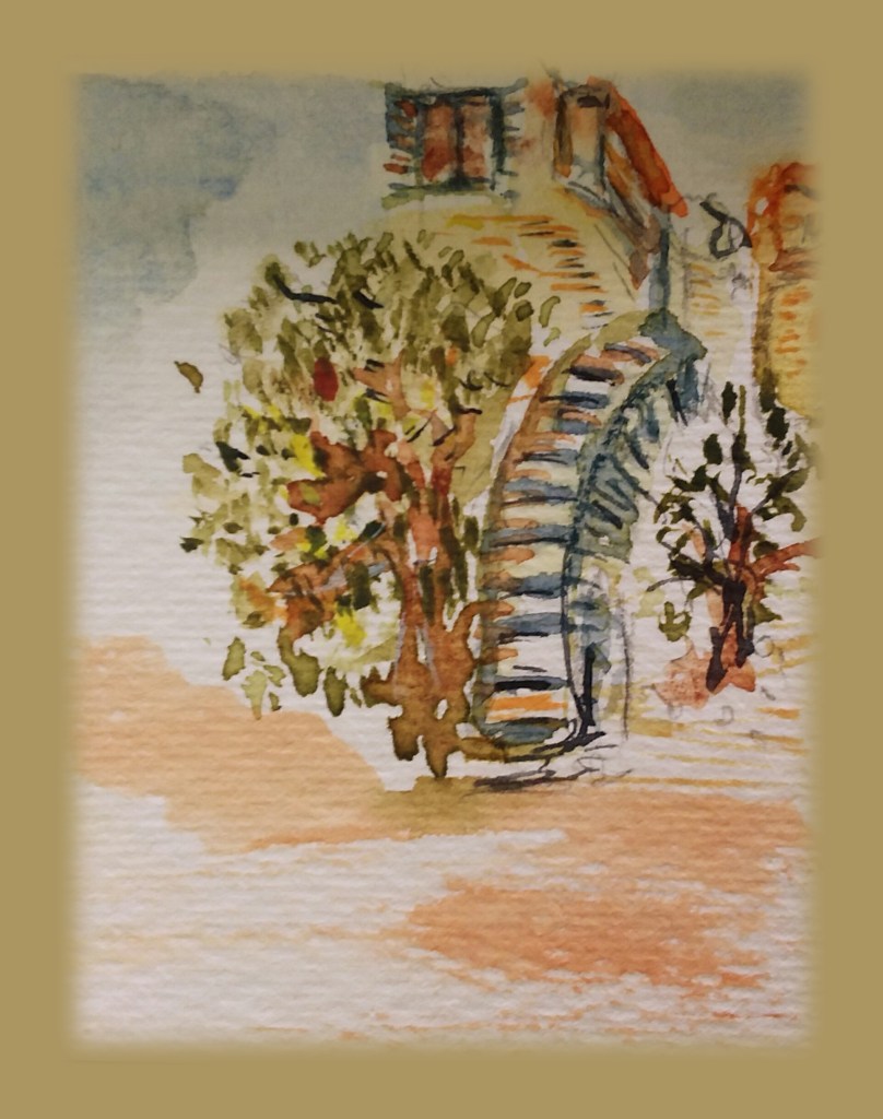 Watercolor sketch depicting a staircase surrounded by trees, evoking the charm of rustic architecture in a warm, sunlit setting.