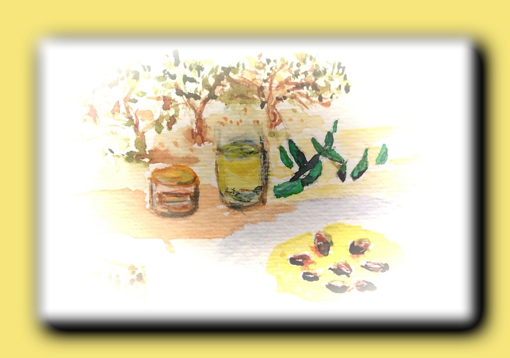 Watercolor sketch depicting olive oil, olives, and a macaron on a table with an olive grove in the background.