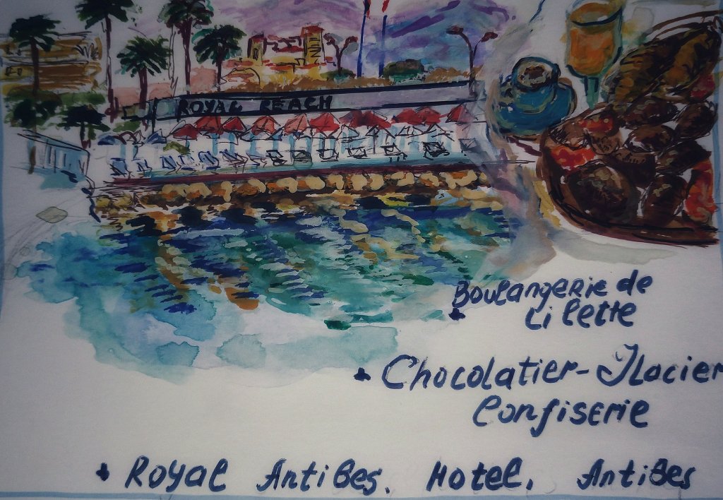 Watercolor painting of Royal Beach in Antibes, showcasing the beach area with sun loungers and palm trees, alongside a depiction of bakery and chocolate pastries.