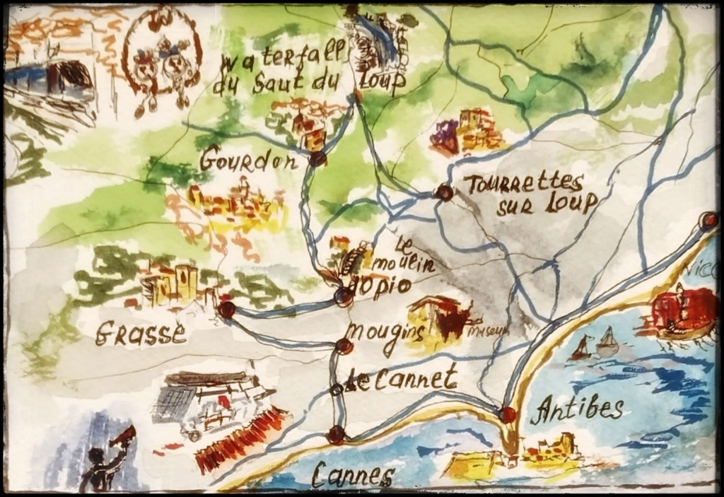 Hand-drawn map depicting travel routes and notable locations in Provence, including Grasse, Gourdon, Tourrettes-sur-Loup, Mougins, Le Cannet, and Antibes, with watercolor illustrations.