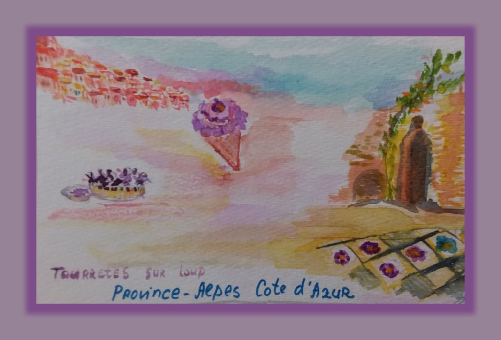 Watercolor painting of Tourrettes-sur-Loup, featuring a scenic view with an ice cream cone and a small bowl of fruits, capturing the charm of Provence.