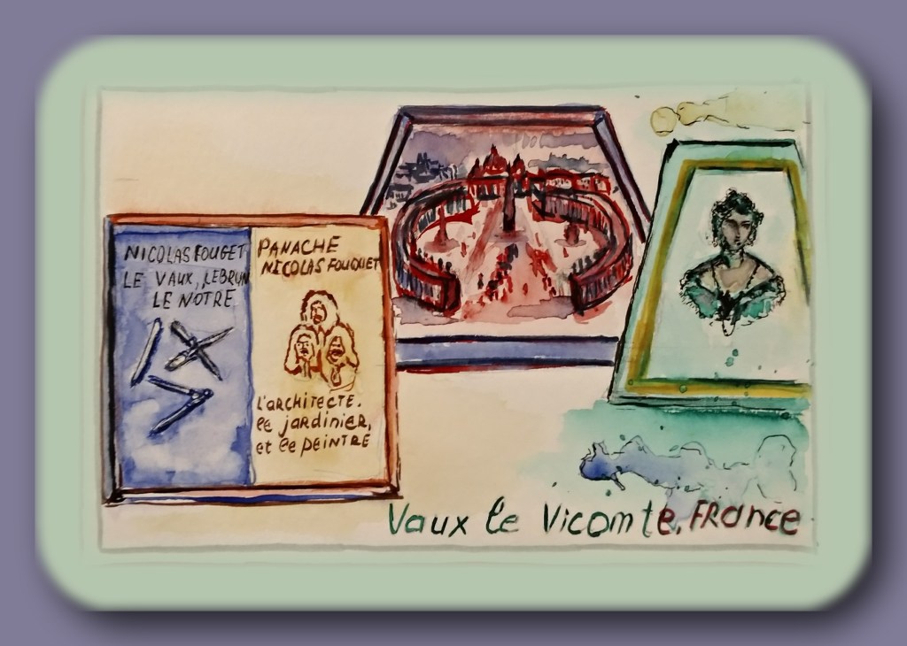 A watercolor illustration featuring elements related to Château de Vaux-le-Vicomte, including sketches of architectural details and portraits.