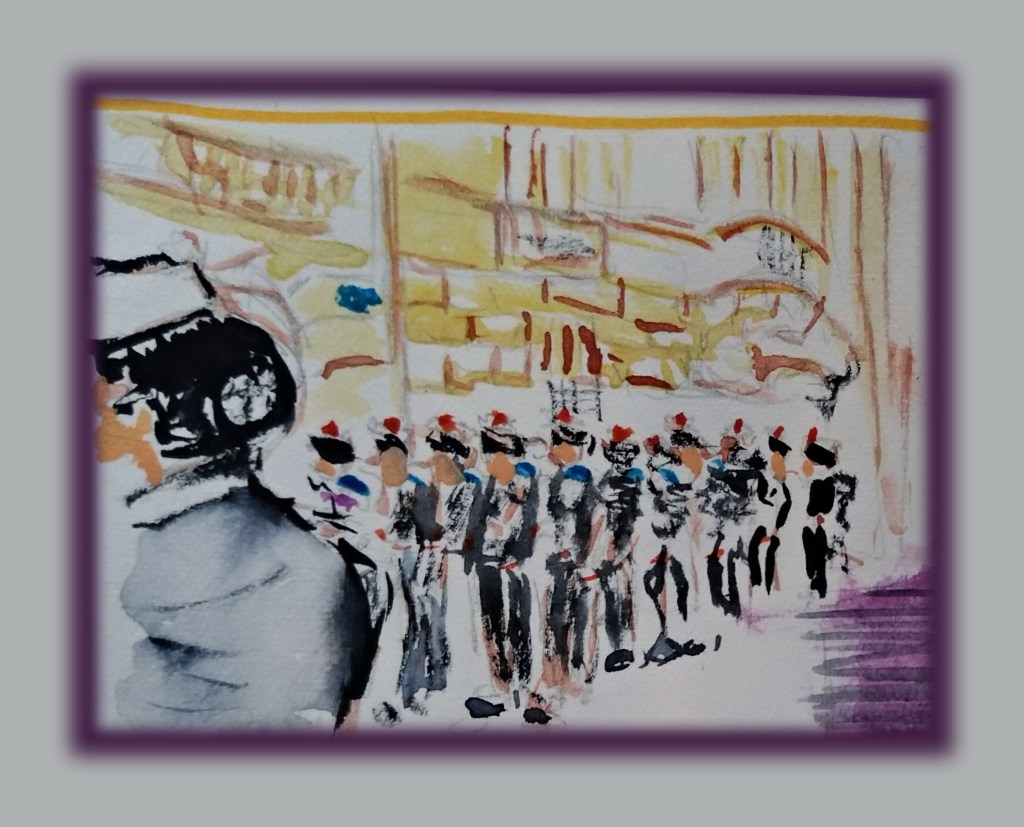 A watercolor sketch depicting a military parade in Paris, featuring figures in uniforms lined up with a focus on a woman in a hat at the forefront and the ornate architecture in the background.