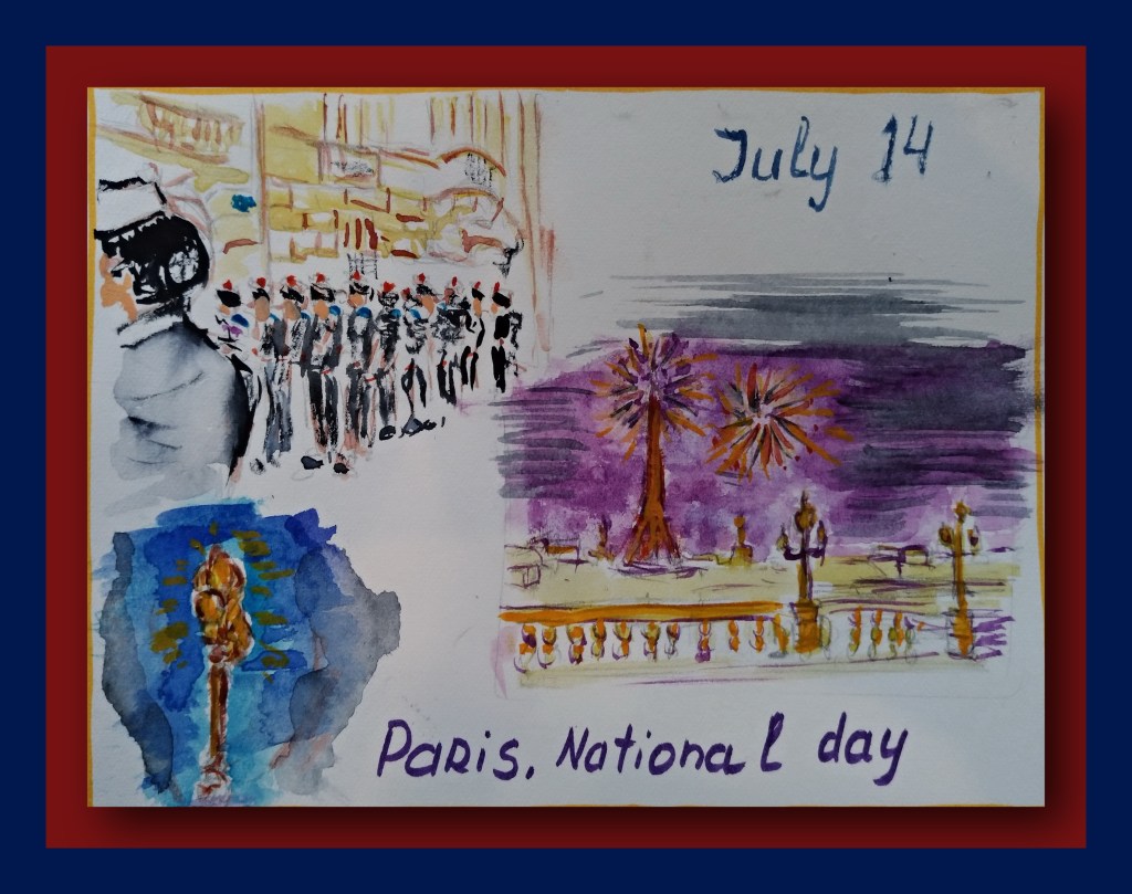 Watercolor sketch depicting scenes from Bastille Day in Paris, featuring military personnel, fireworks, and street lamps, with the text 'July 14' and 'Paris, National Day.'