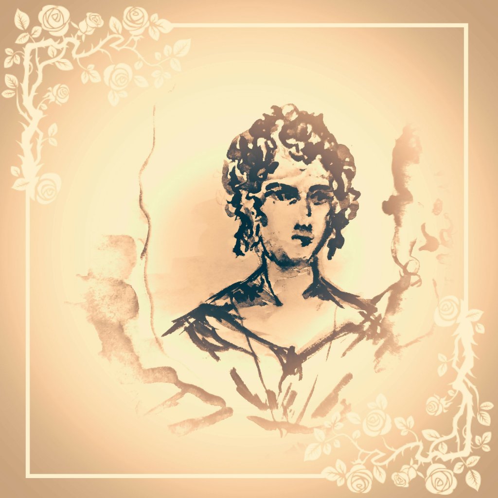 Artistic illustration of a young woman with curly hair, framed by decorative floral elements.