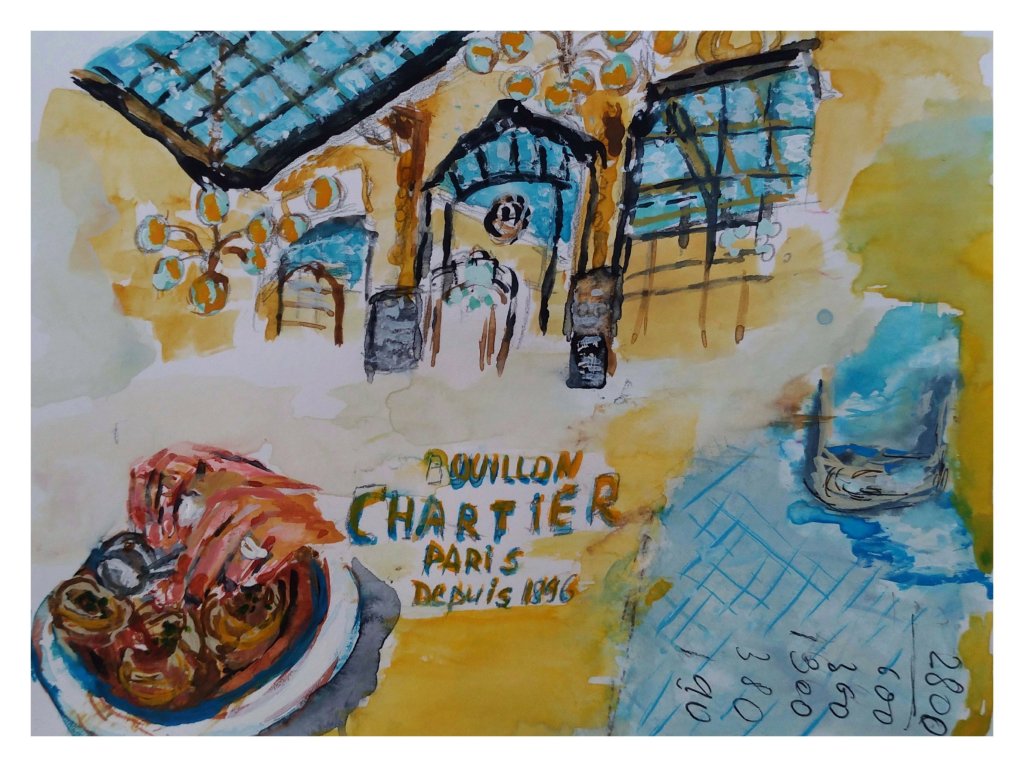 Watercolor painting of the Bouillon Chartier restaurant in Paris, featuring its unique sign and interior elements.
