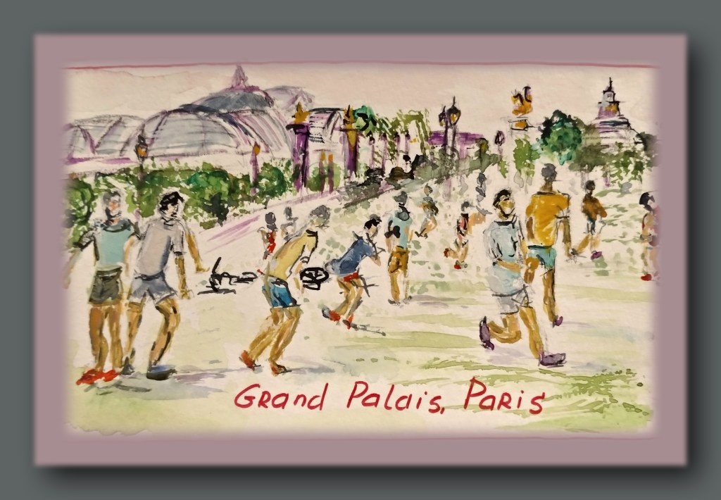 Watercolor painting depicting people playing football and enjoying leisure time at the Grand Palais in Paris.