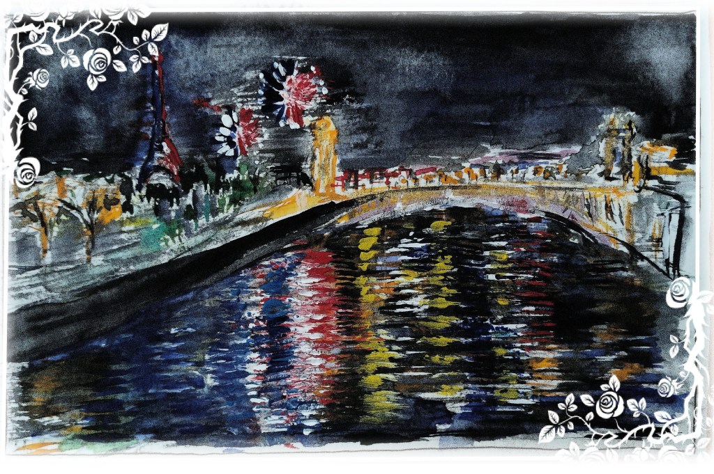 A watercolor artwork depicting a nighttime scene of the Seine River in Paris, showcasing the illuminated Alexander III Bridge, Eiffel Tower, and vibrant fireworks in the sky reflecting on the water.