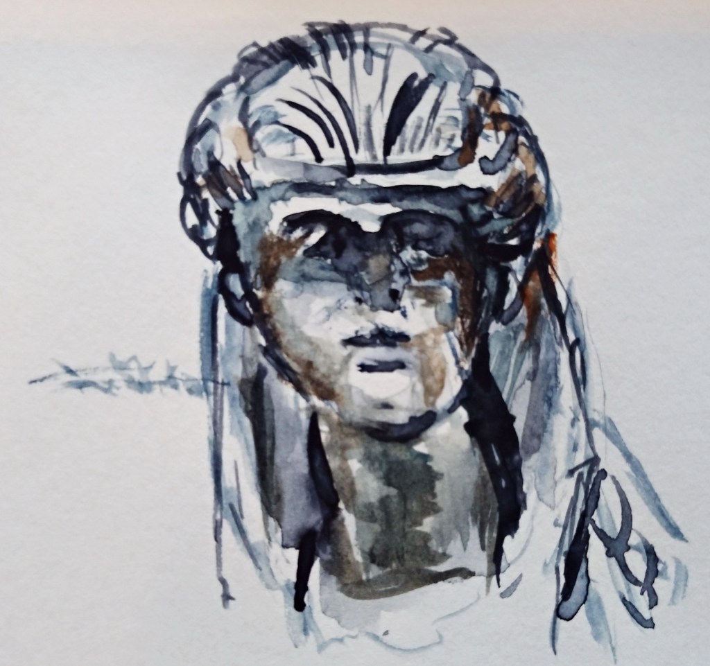 Watercolor painting of a statue, depicting a classical figure with flowing hair and a detailed headdress on a textured background.