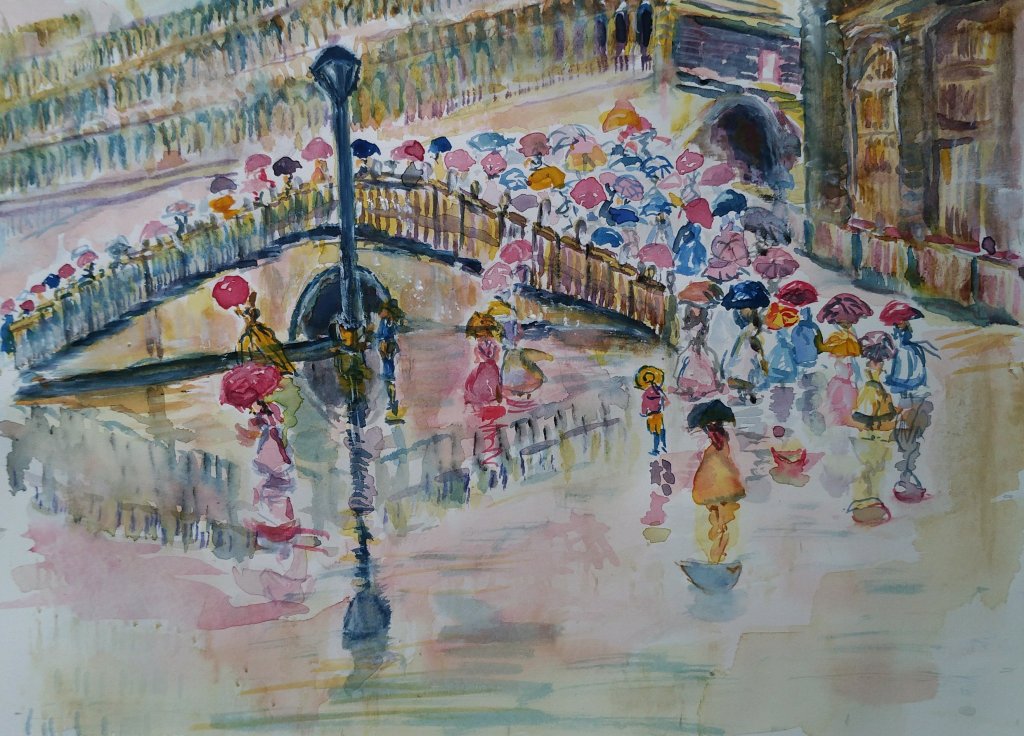 Watercolour painting of a rainy day in a Venetian piazza, with crowds of people carrying colourful umbrellas in red, pink, blue, and orange crossing an arched stone bridge. A tall dark lamp post stands in the foreground, its reflection shimmering on the wet cobblestones below, with loosely rendered historic architecture visible on the right.