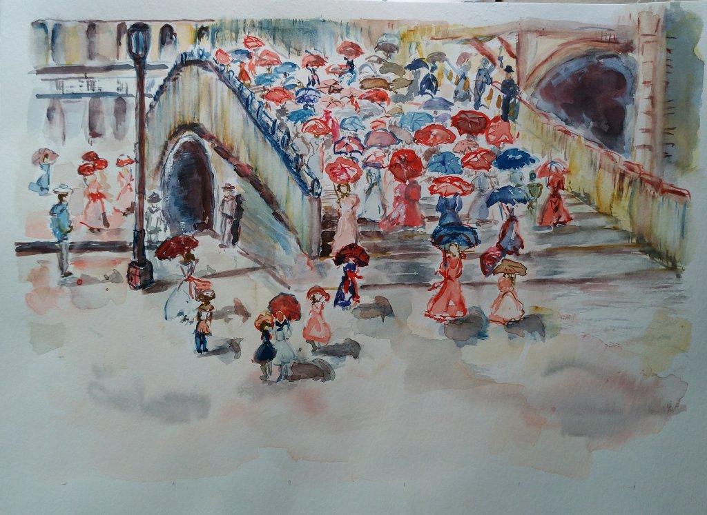 Watercolour painting after Prentergast, depicting a bustling crowd of elegantly dressed figures crossing a stone arched bridge in Venice, carrying a vibrant array of red, blue, and pink parasols. The scene captures the lively atmosphere of a Venetian street, with figures in period costume ascending and descending the bridge steps, a gas lamp post to the left, and classical architecture in the background.