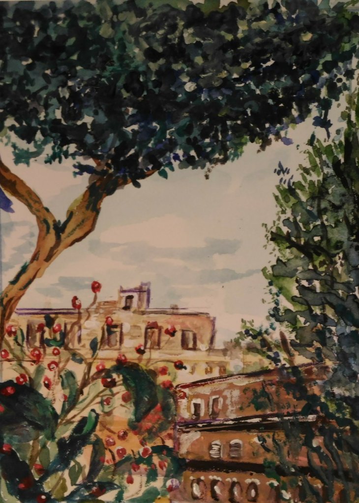 Watercolor painting of Rome's timeless streets, where warm ochre and terracotta buildings rise behind a canopy of lush green trees, with delicate red berry branches framing the foreground — a dreamy, sun-drenched glimpse of the Eternal City