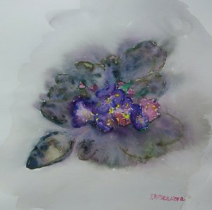 Watercolor painting of a viola tricolor flower with purple and pink hues, surrounded by abstract brush strokes.
