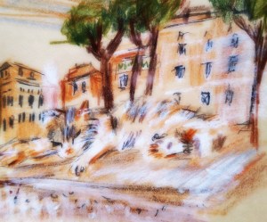 A watercolor painting depicting a landscape with trees and buildings, inspired by Roman architecture.