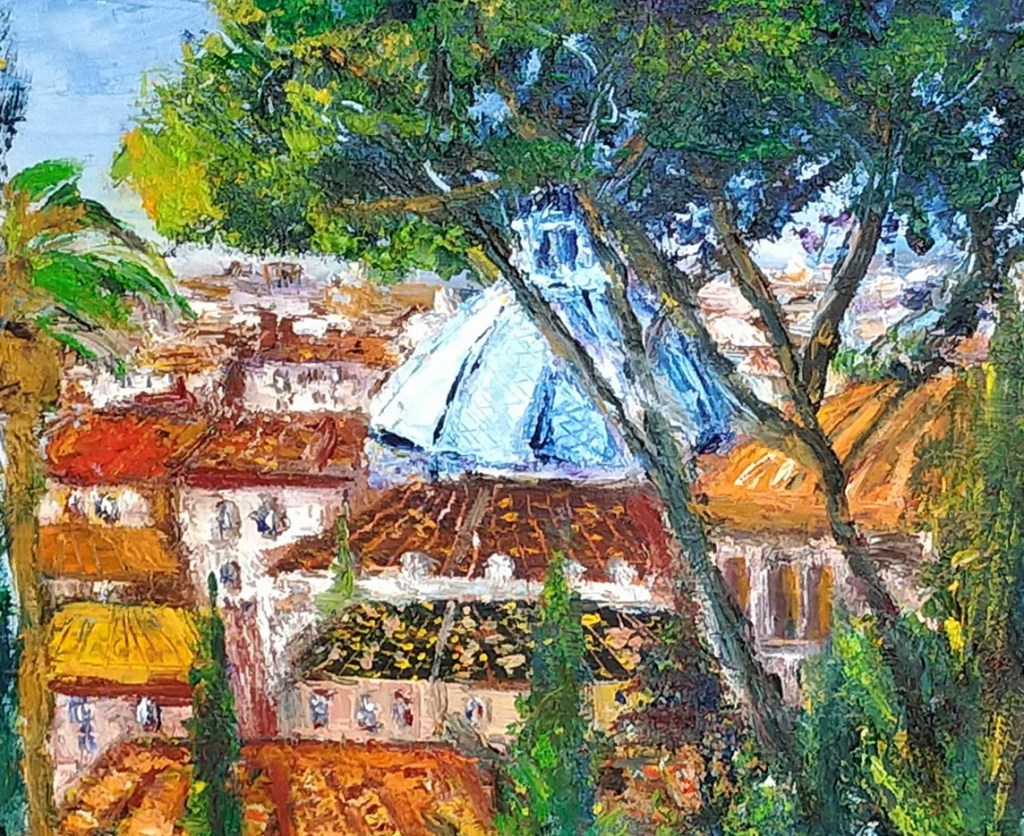 A vibrant watercolor painting depicting a view of rooftops in a city, framed by lush green trees. The scene features a prominent structure with a blue dome, suggesting an architectural element, amidst terracotta tiles and greenery.