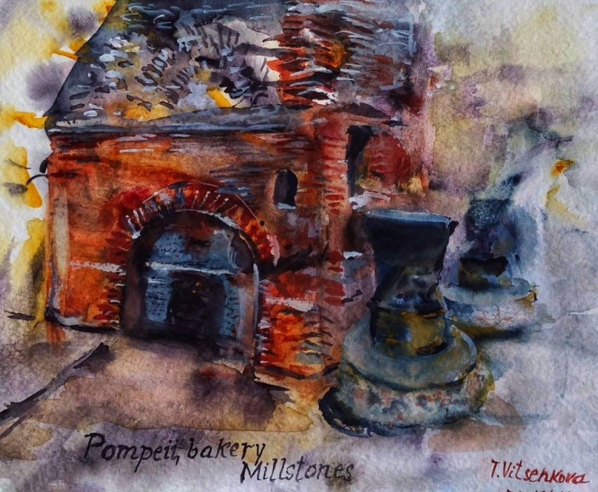 A watercolor painting depicting an ancient bakery in Pompeii, featuring an arched brick oven and millstones, reflecting daily life during Roman times.