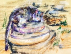 A watercolor painting depicting a sleeping cat resting on a stone surface, surrounded by hints of greenery and shaded areas, showcasing warm and soft tones.