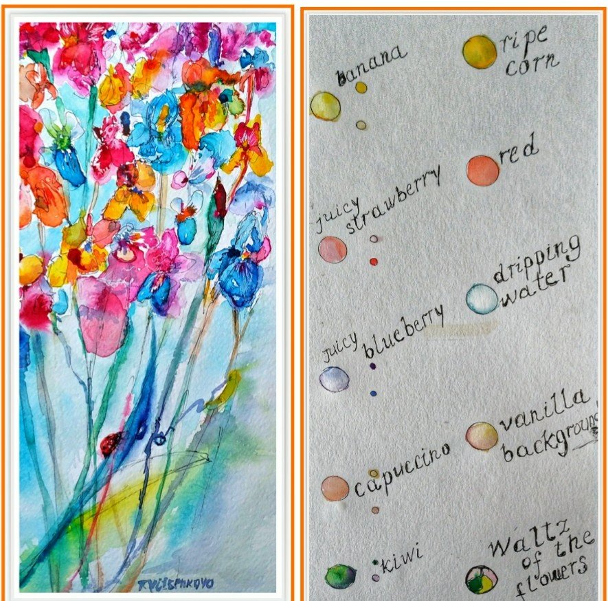 A vibrant watercolor painting featuring a bouquet of colorful flowers in shades of pink, yellow, blue, and orange on the left. On the right, a palette showing descriptions of colors with playful names inspired by fruits, including 'juicy strawberry', 'ripe corn', and 'vanilla background'.