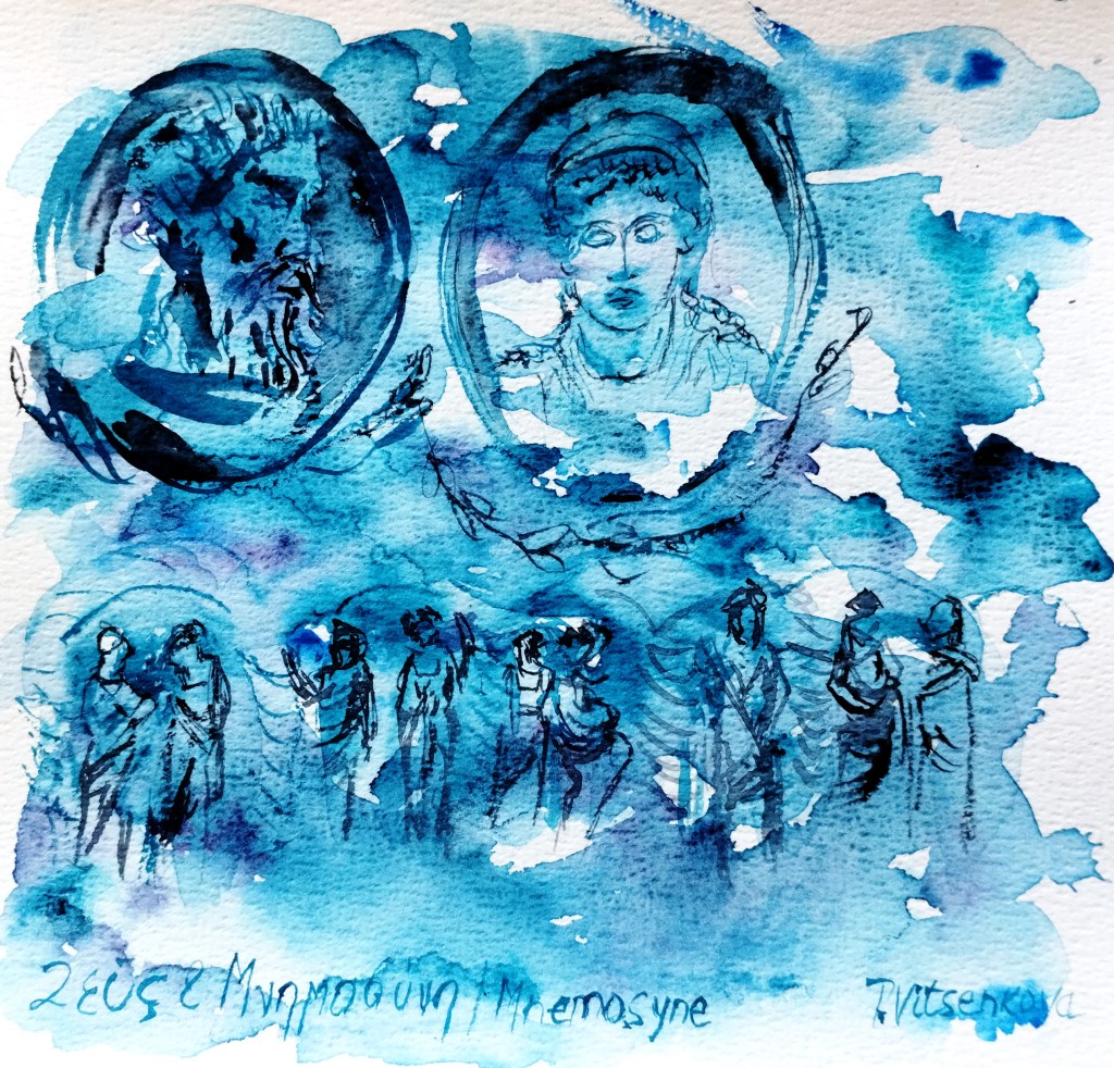 Sky metamorphose. Zeus and Mnemosyne with Muses