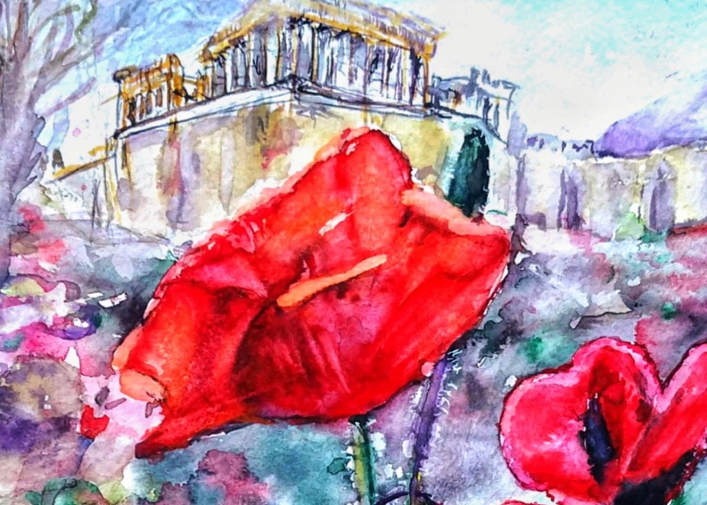 View of Parthenon with poppies