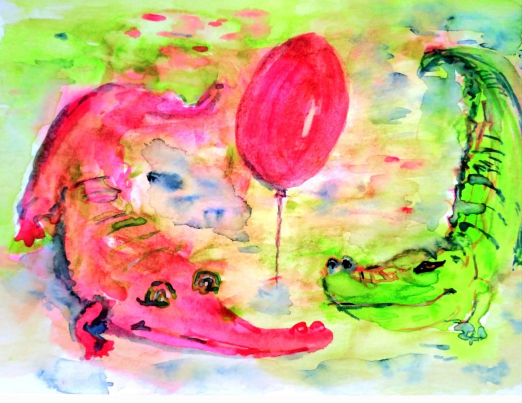 Crocodiles and Carnival! 
A vibrant watercolor painting of two crocodiles in playful poses, one pink and one green, with a red balloon in the center, evoking a festive atmosphere.
