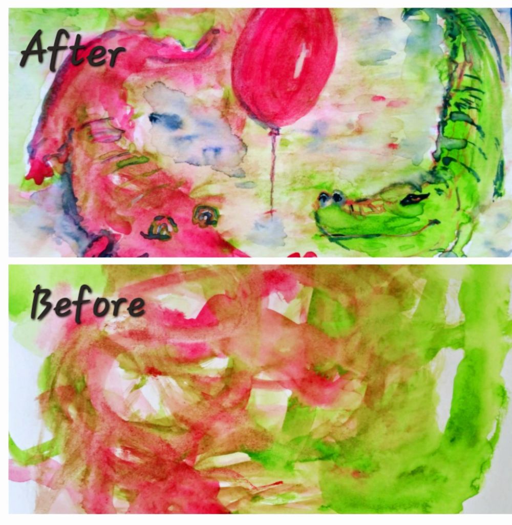 A watercolor painting depicting two crocodiles with a red balloon, showcasing vibrant colors and playful expressions, paired with a 'Before' sketch showing initial abstract colors.