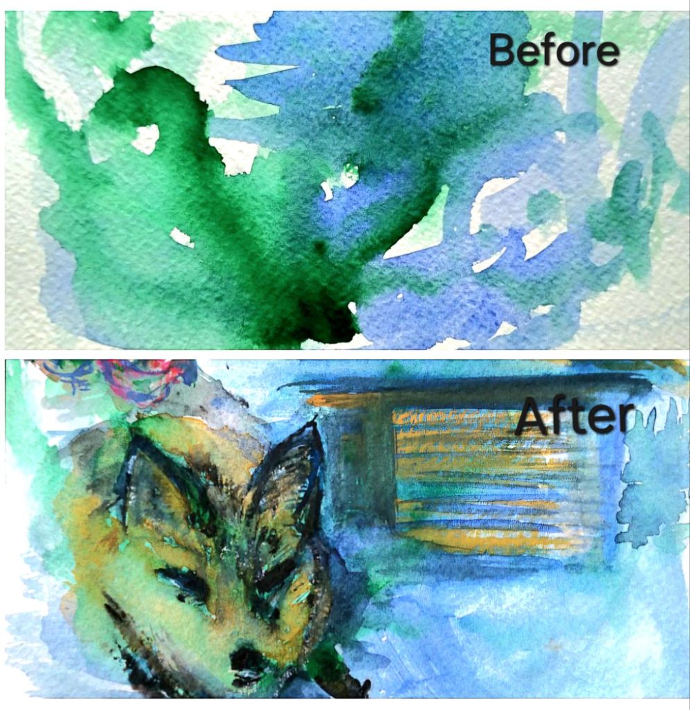 A watercolor painting transformation showcasing the evolution from abstract colors to a detailed fox illustration, with 'Before' and 'After' labels.