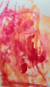 Abstract watercolor painting with vibrant red and orange hues, depicting dynamic and fluid brushstrokes that evoke emotion and creativity.