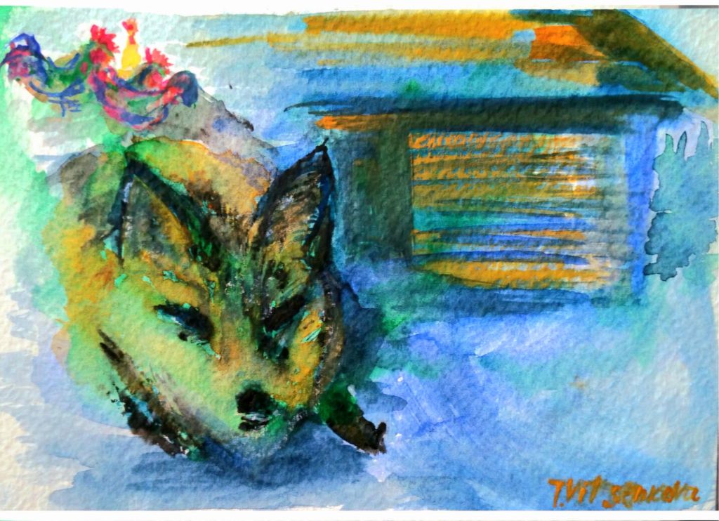 A watercolor painting featuring a fox's face with expressive features, surrounded by colorful outlines of roosters and a faint background of a wooden structure.