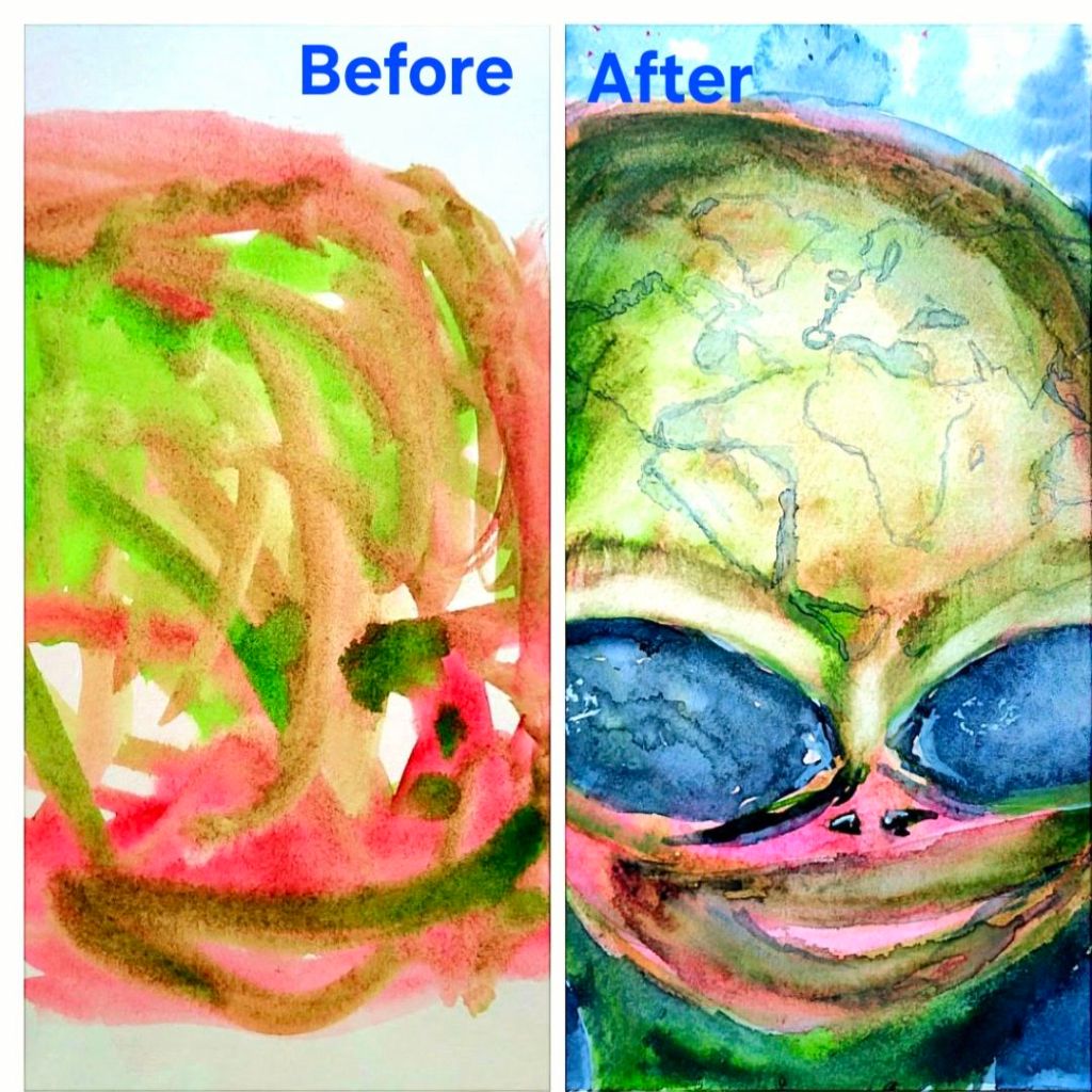 A split image showing 'Before' on the left with an abstract watercolor painting in green and pink, and 'After' on the right featuring a whimsical alien creature with large eyes and a world map design on its head.