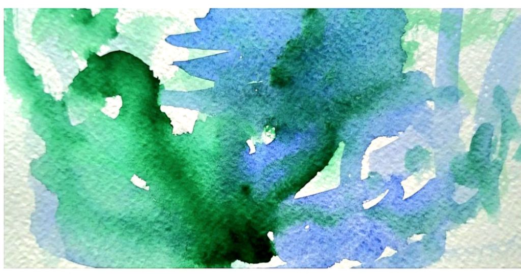 Abstract watercolor painting featuring shades of green and blue with fluid shapes and brushstrokes, showcasing an intuitive art style.