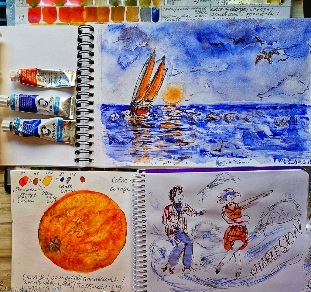 A watercolor sketch featuring a sailing boat on the sea at sunset, with waves and birds in the sky. Below, there is a painting of an orange representing the color palette and sketches of a couple dancing the Charleston.