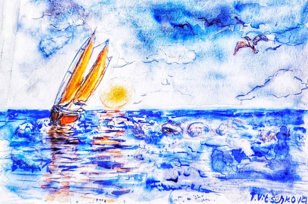 A watercolor painting depicting a sailboat with orange sails navigating a blue sea at sunset, with soft clouds and a seagull soaring above.