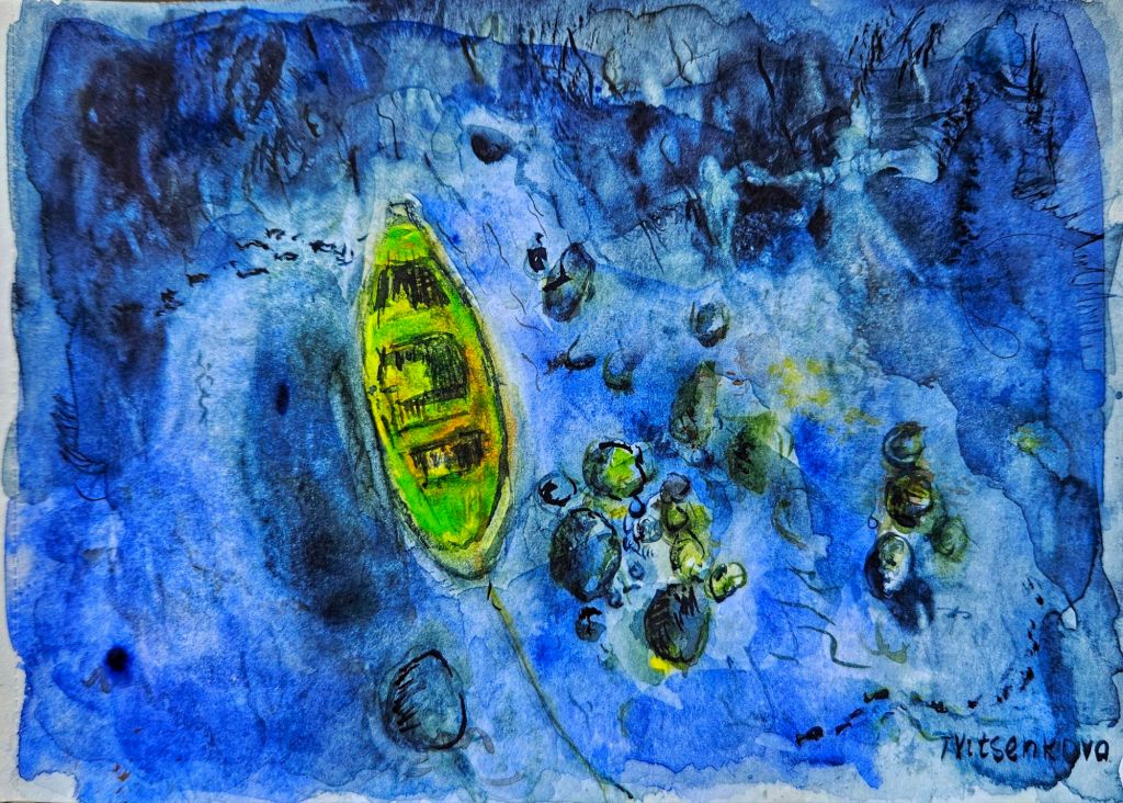 A vibrant watercolor painting depicting a bright green boat floating above a sea of blue, surrounded by smooth stones and gentle waves.