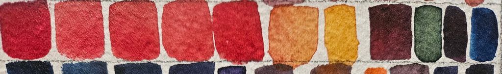 A palette of vibrant watercolor paints, showcasing a variety of red, orange, green, and blue hues ideal for capturing the essence of sunsets and sea waves.