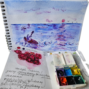 A watercolor painting of a person kayaking on a serene lake with gentle waves, accompanied by a palette of vibrant colors and notes about the art supplies used.