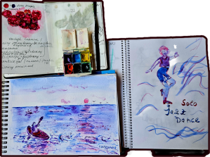 An artistic collage featuring a watercolor painting of a kayaker on a shimmering lake, a sketch of a jazz dancer in motion, and a well-used sketchbook with paint supplies, evoking themes of creativity and nature.