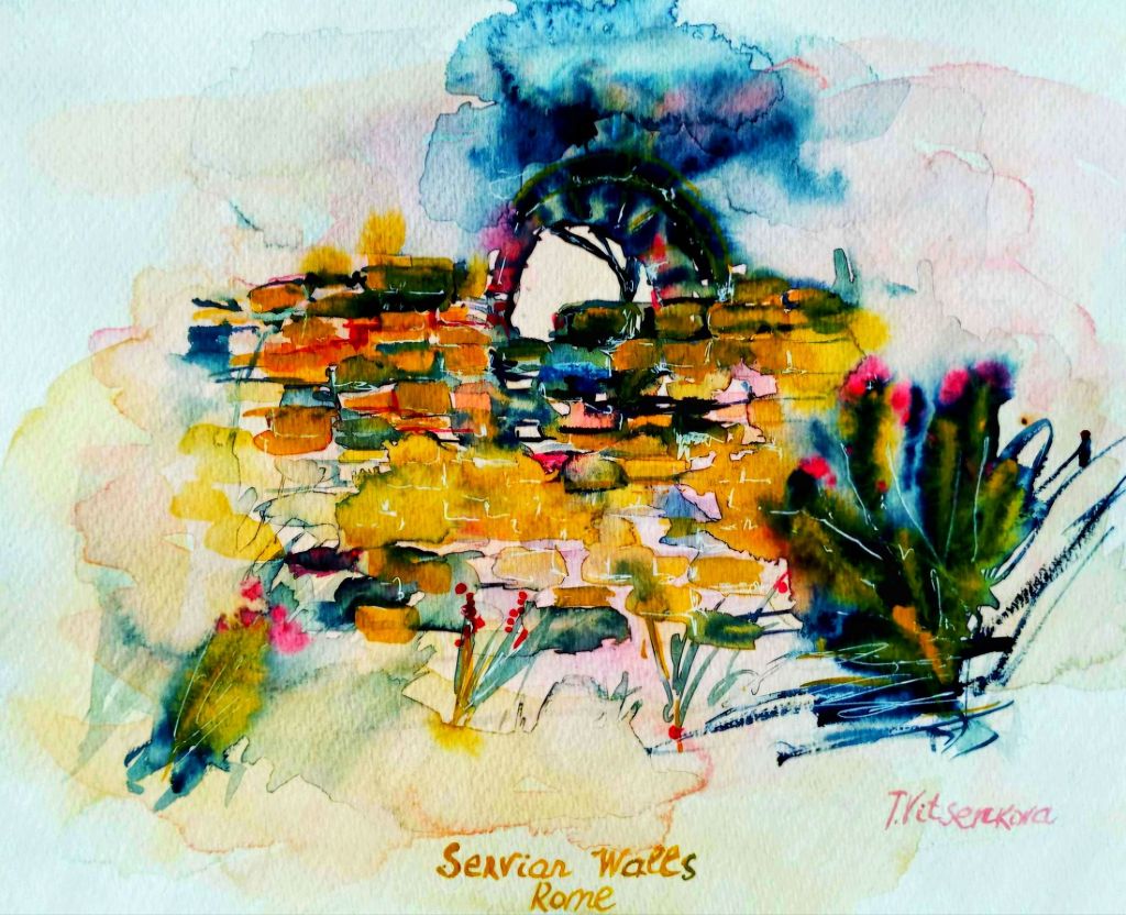 Watercolor painting of the Servian Walls in Rome, showcasing a blend of colors and light highlights. The artwork captures the ancient structure surrounded by greenery, symbolizing Roman architectural heritage.