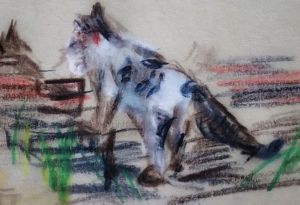 A sketch of a small cat navigating ancient stairs, showcasing the contrast between the modern animal and the historical architecture.