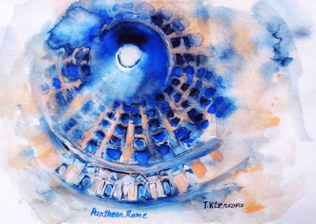 Watercolor painting of the Pantheon in Rome, highlighting its iconic oculus and intricate dome structure, with a blend of blue and warm tones.